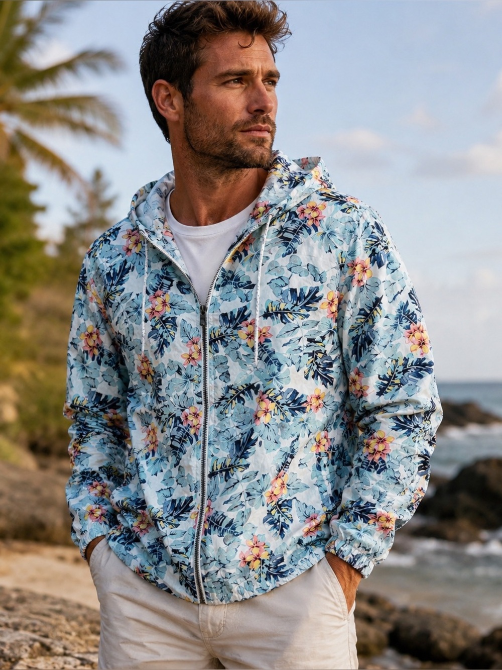 Denim & Flower Mens L Tropical Floral Hooded Jacket Cotton Hawaiian Resort Blue